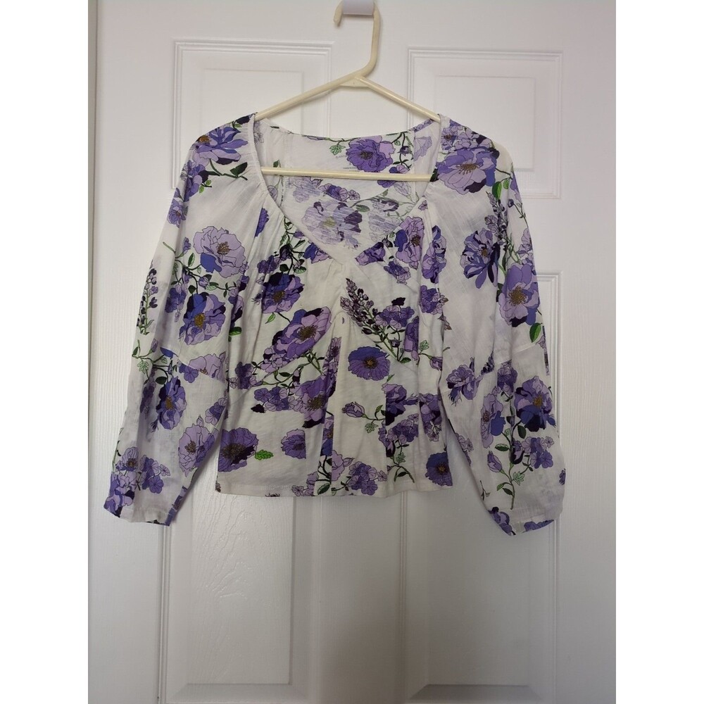 Anthropologie Top Large Womens White Floral Cotton Puff Sleeve Blouse